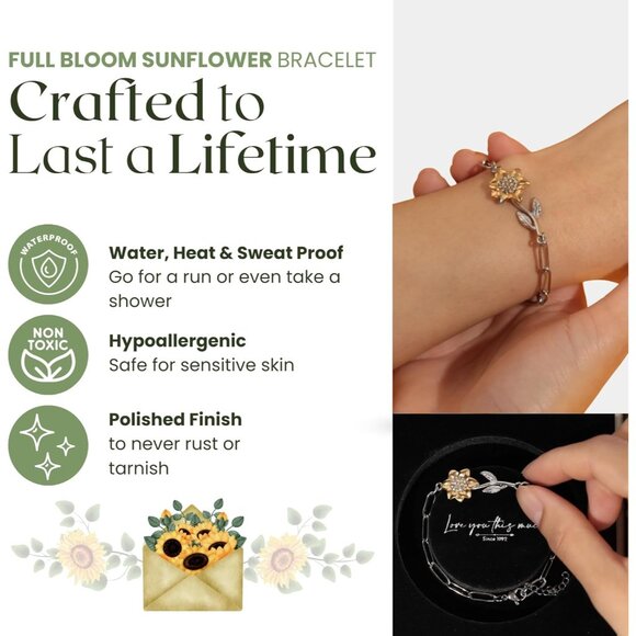 Sentimental Aunt & Niece Gift Sunflower Sterling Silver Bracelet - Adjustable, D - Picture 5 of 9